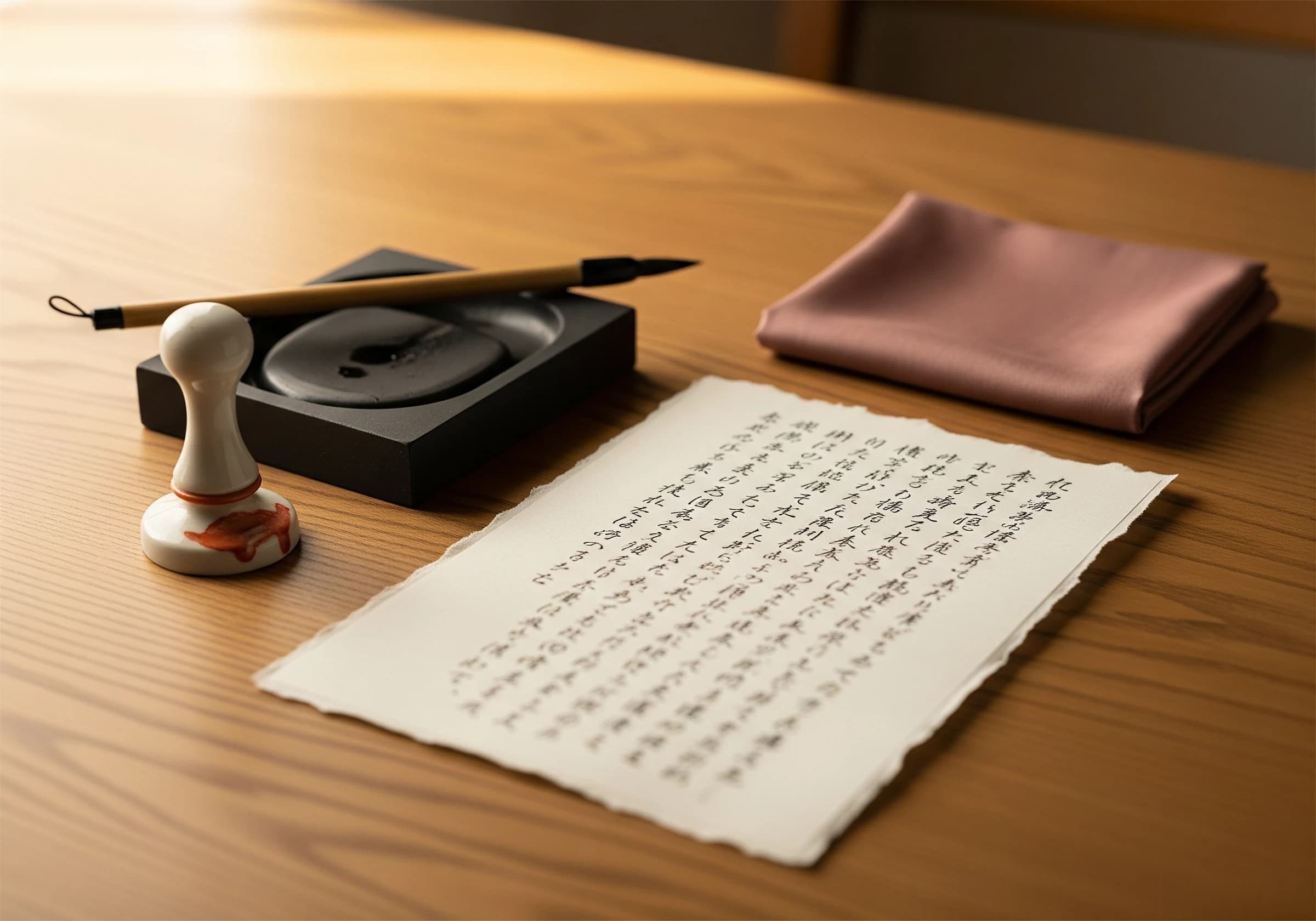 和紙の手紙と硯、絹の風呂敷